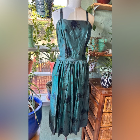 Vintage 1950s Teal Floral Satin Midi Dress - Picture 5 of 6